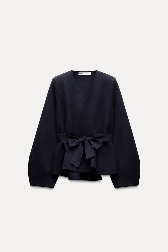 Zara BELTED SHOULDER PAD KNIT BLAZER