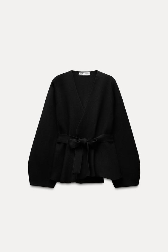 Zara BELTED SHOULDER PAD KNIT BLAZER