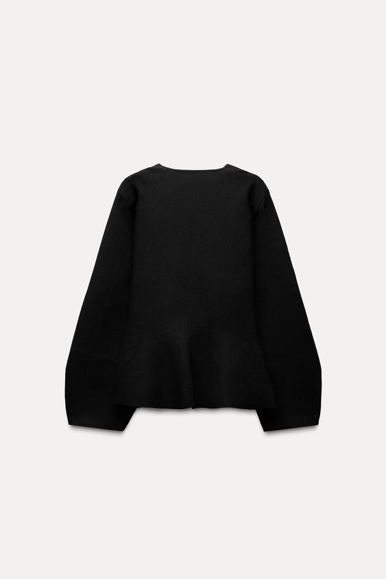 Zara BELTED SHOULDER PAD KNIT BLAZER