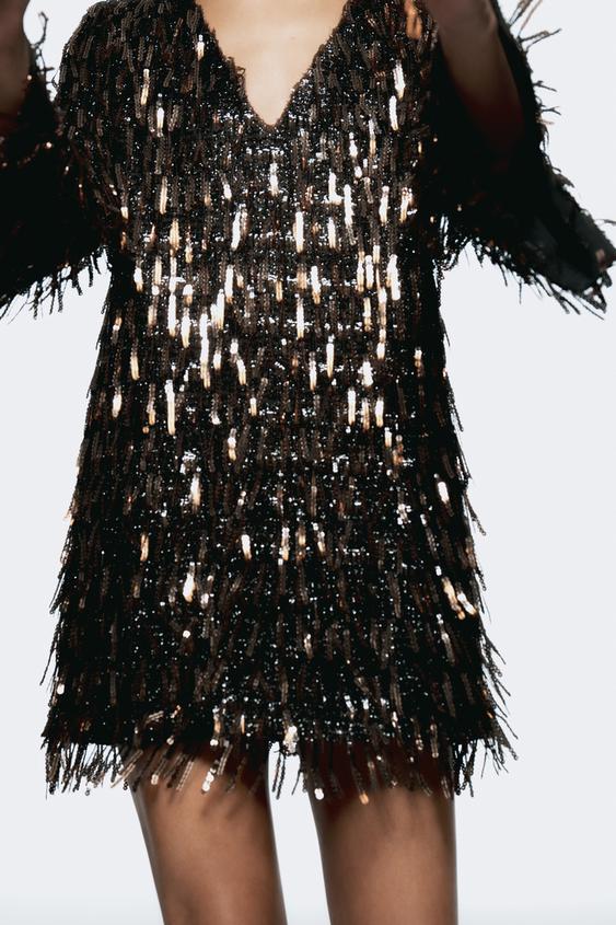 Zara SEQUIN FRINGED MINI DRESS