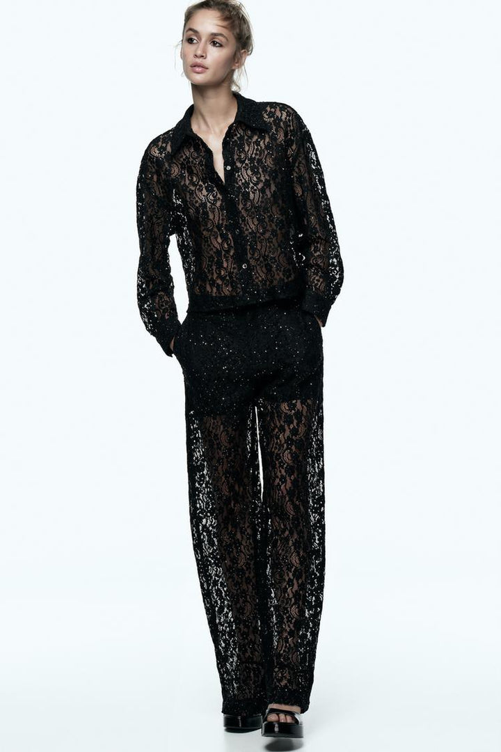 Zara SEQUINED LACE PANTS