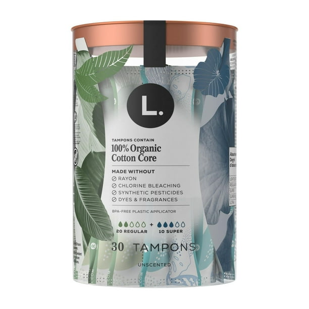 L. Cotton Tampons Regular/Super Absorbency Multipack, Free from Chlorine Bleaching, Pesticides, Fragrances, or Dyes, 30CT
