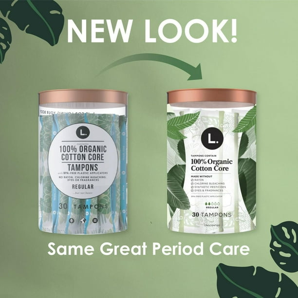 L. Cotton Tampons Regular/Super Absorbency Multipack, Free from Chlorine Bleaching, Pesticides, Fragrances, or Dyes, 30CT