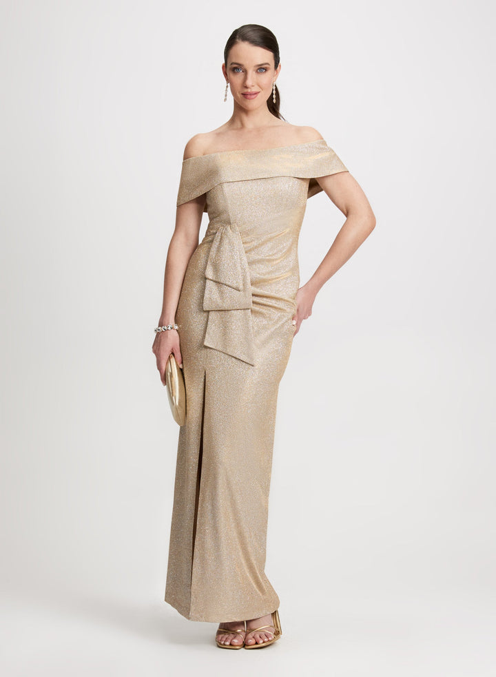 LAURA Metallic Off-the-Shoulder Evening Dress