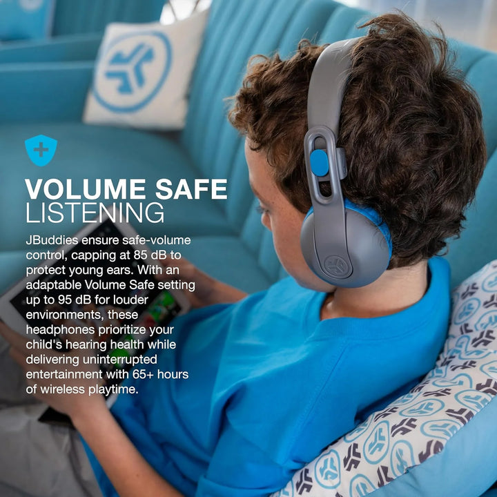 JLab JBuddies Studio 2 On-Ear Kids Wireless Headphones, Blue/Graphite, Volume Safe, Folding, Adjustable, Noise Isolation, Mic