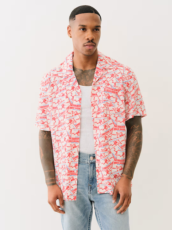TRUE RELIGION ALLOVER BUDDHA PRINT CAMP COLLAR SHIRT