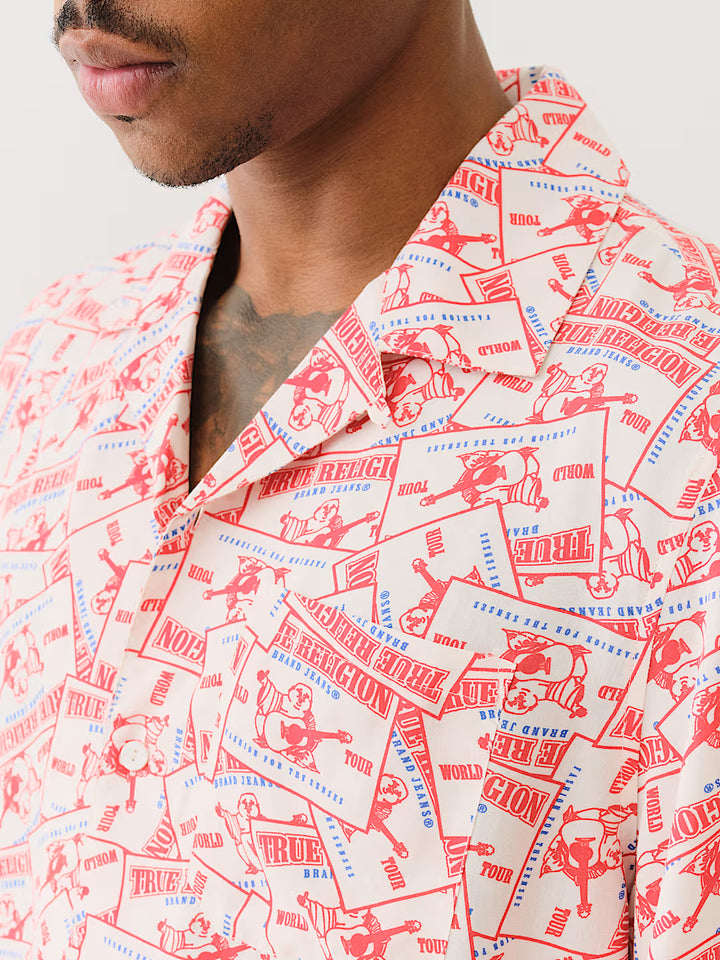 TRUE RELIGION ALLOVER BUDDHA PRINT CAMP COLLAR SHIRT