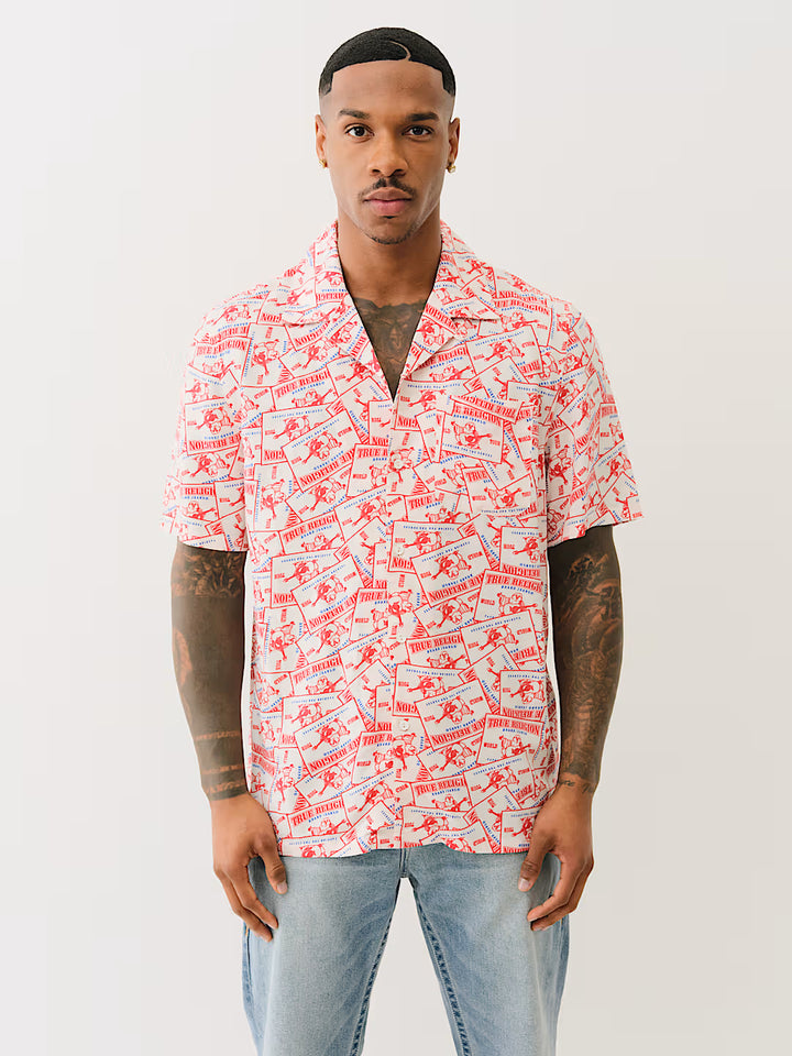 TRUE RELIGION ALLOVER BUDDHA PRINT CAMP COLLAR SHIRT