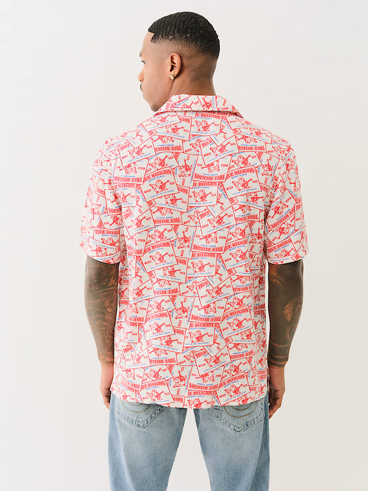 TRUE RELIGION ALLOVER BUDDHA PRINT CAMP COLLAR SHIRT