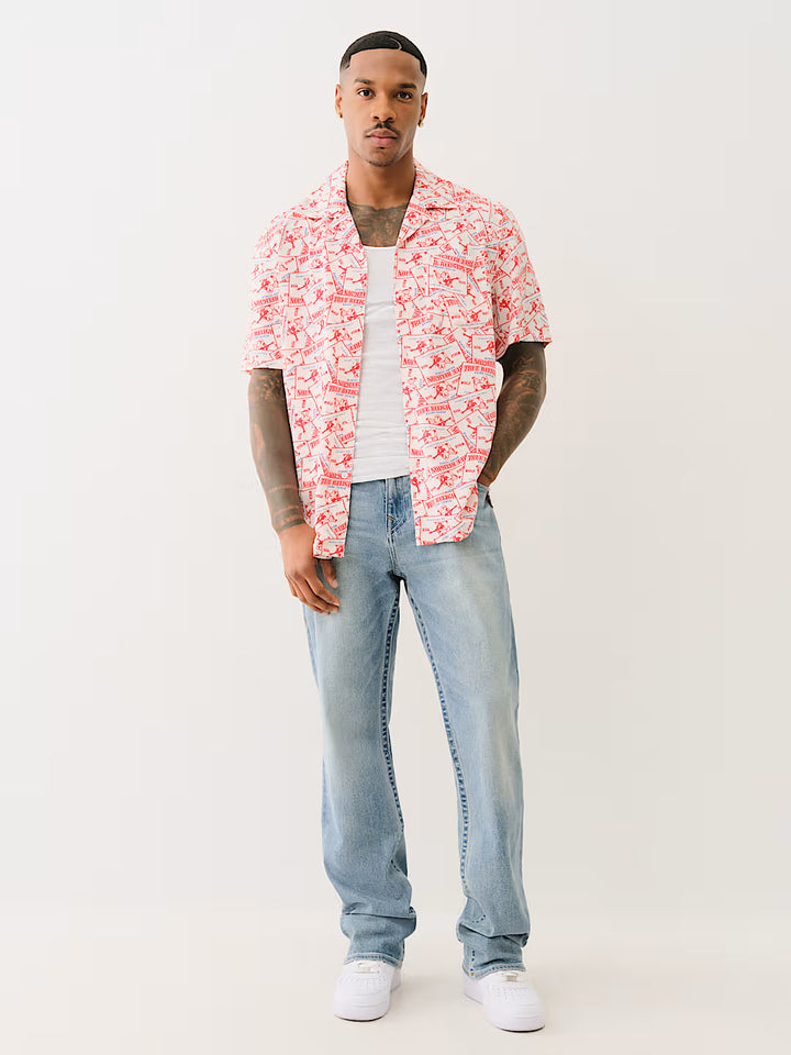TRUE RELIGION ALLOVER BUDDHA PRINT CAMP COLLAR SHIRT