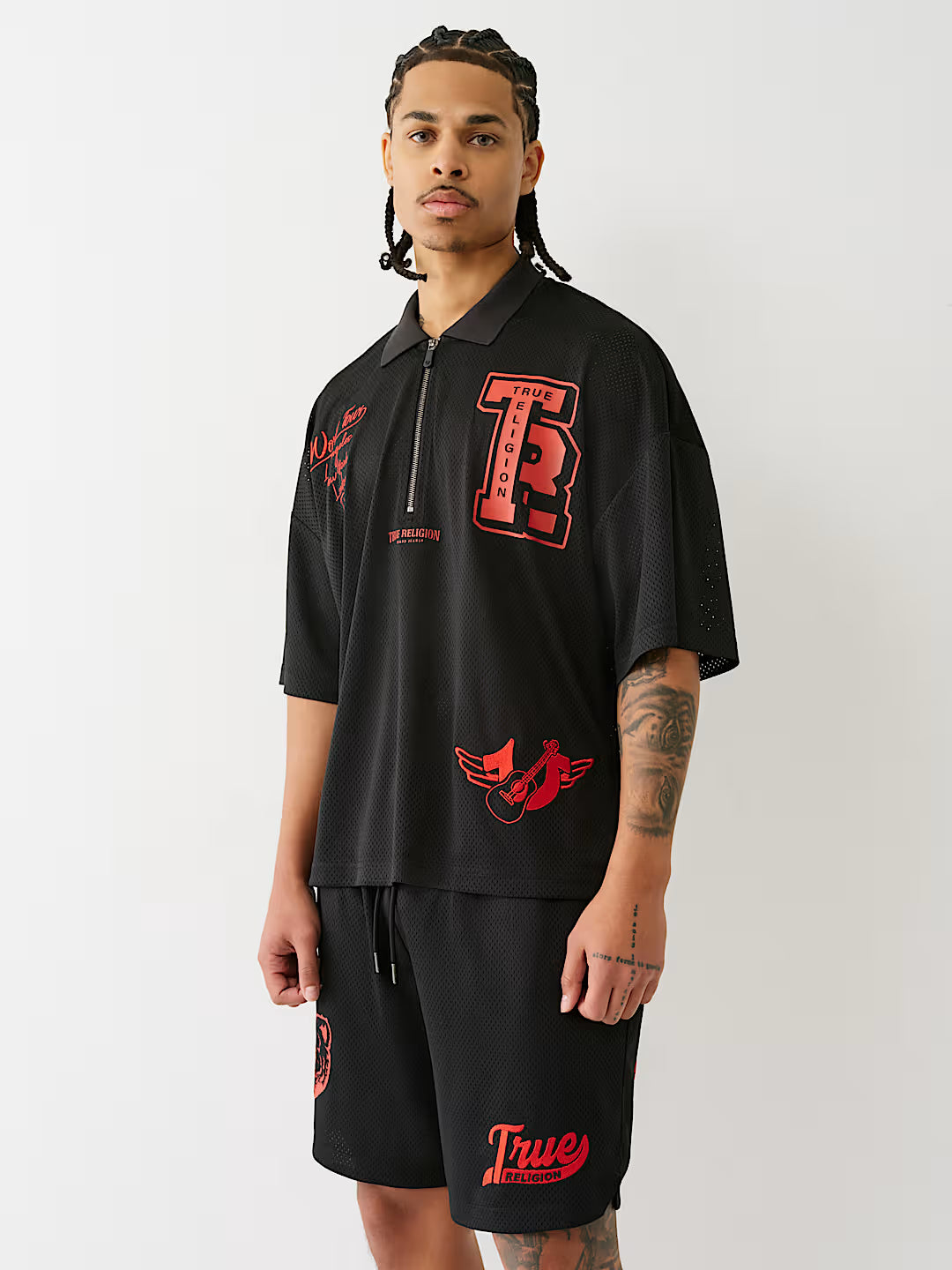 TRUE RELIGION OVERSIZED MESH JERSEY POLO SHIRT