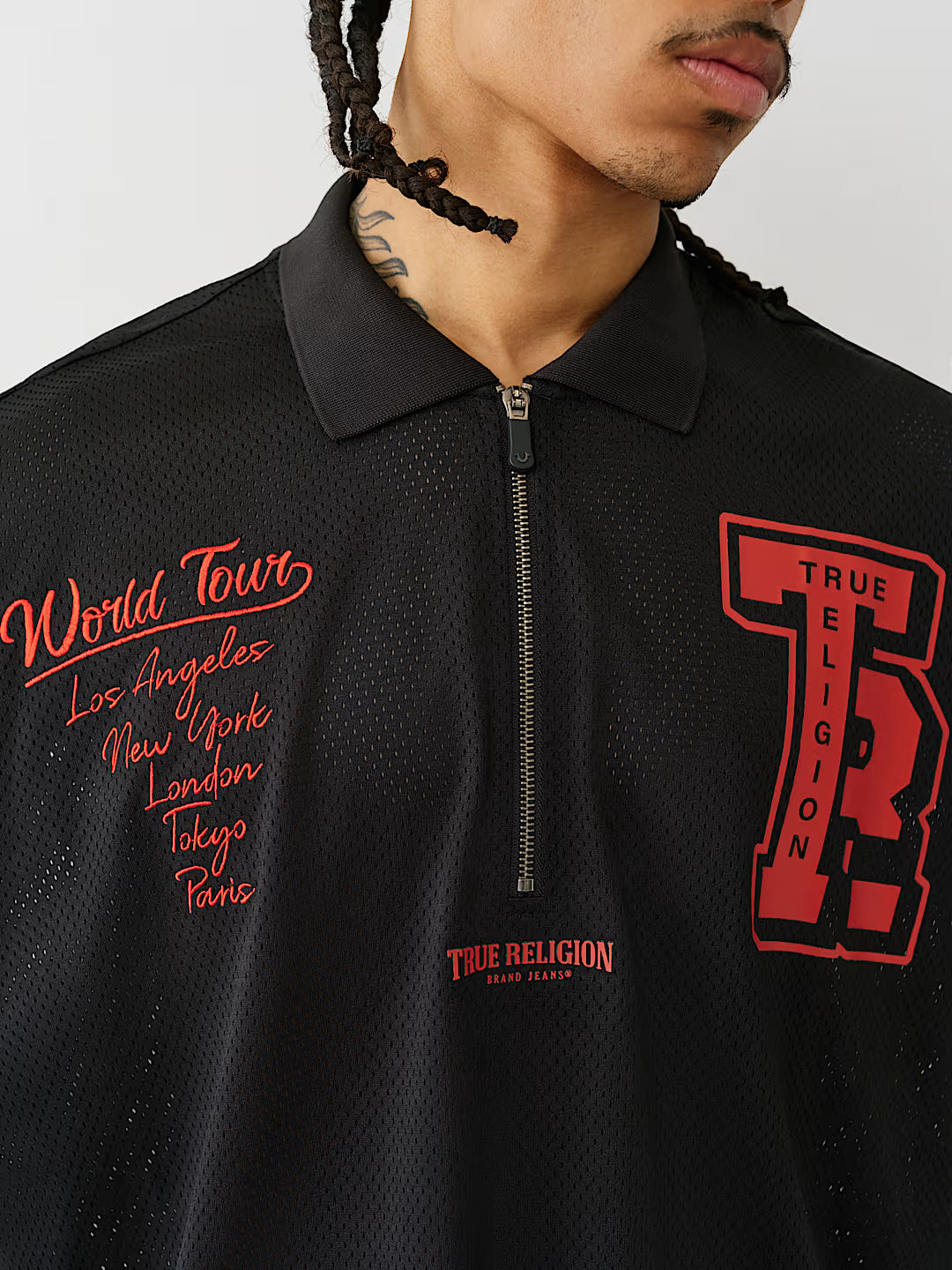 TRUE RELIGION OVERSIZED MESH JERSEY POLO SHIRT