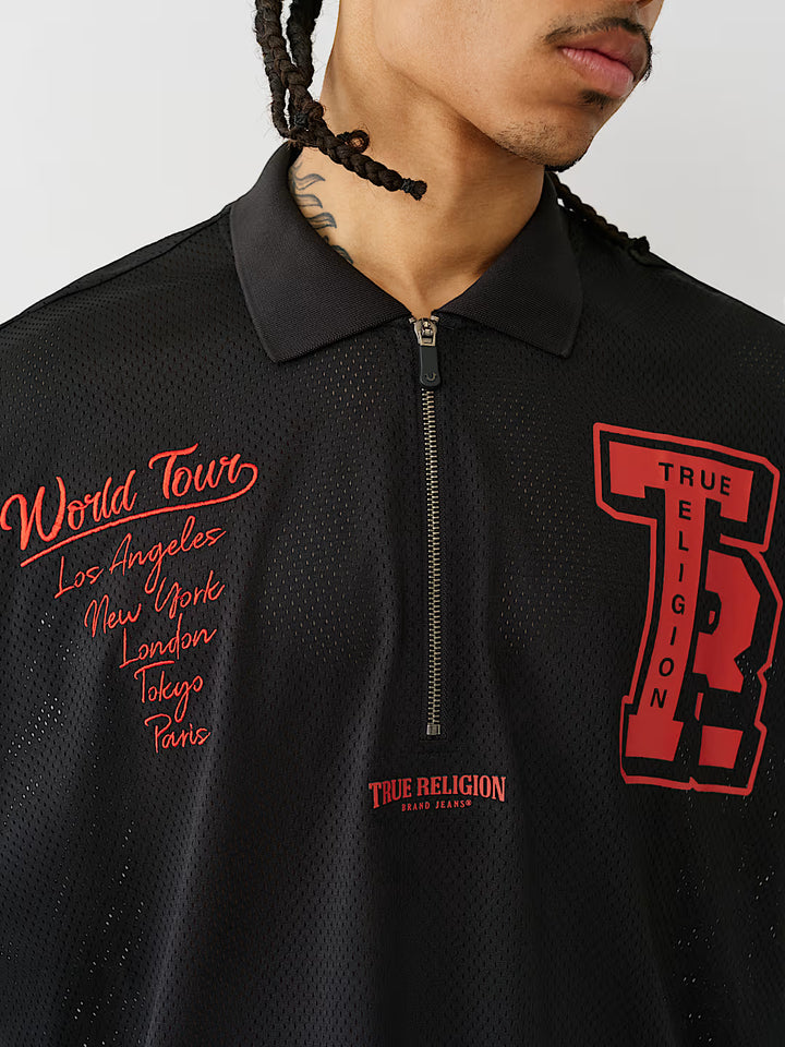 TRUE RELIGION OVERSIZED MESH JERSEY POLO SHIRT