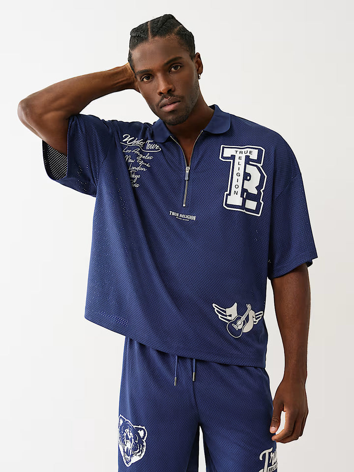 TRUE RELIGION OVERSIZED MESH JERSEY POLO SHIRT