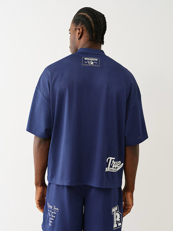 TRUE RELIGION OVERSIZED MESH JERSEY POLO SHIRT