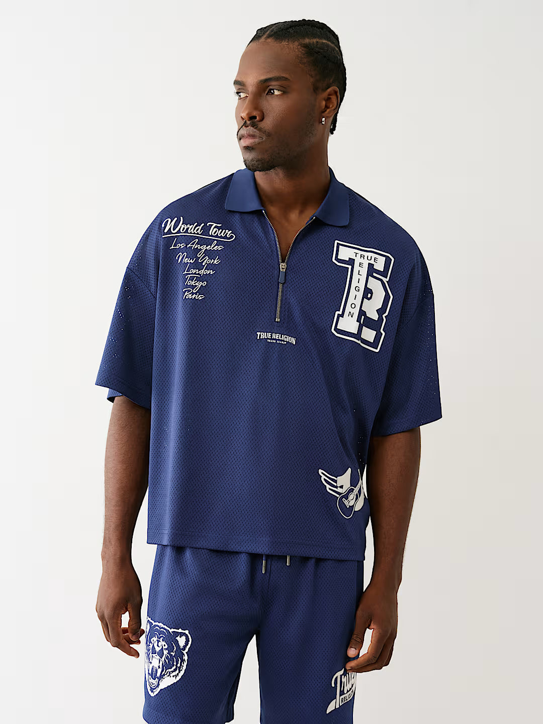 TRUE RELIGION OVERSIZED MESH JERSEY POLO SHIRT