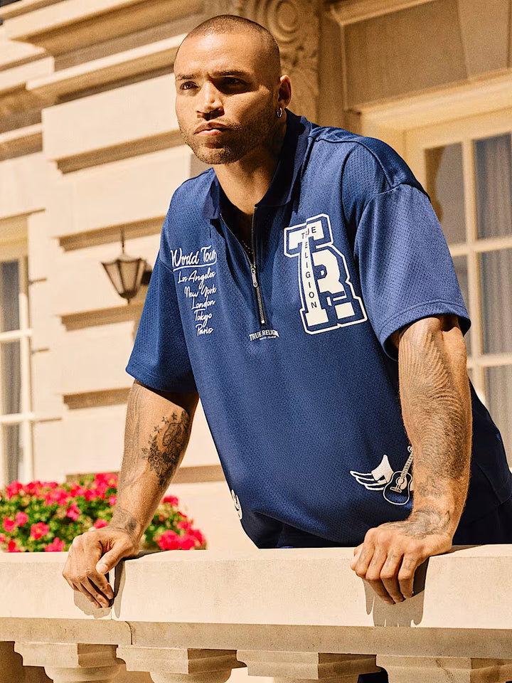 TRUE RELIGION OVERSIZED MESH JERSEY POLO SHIRT