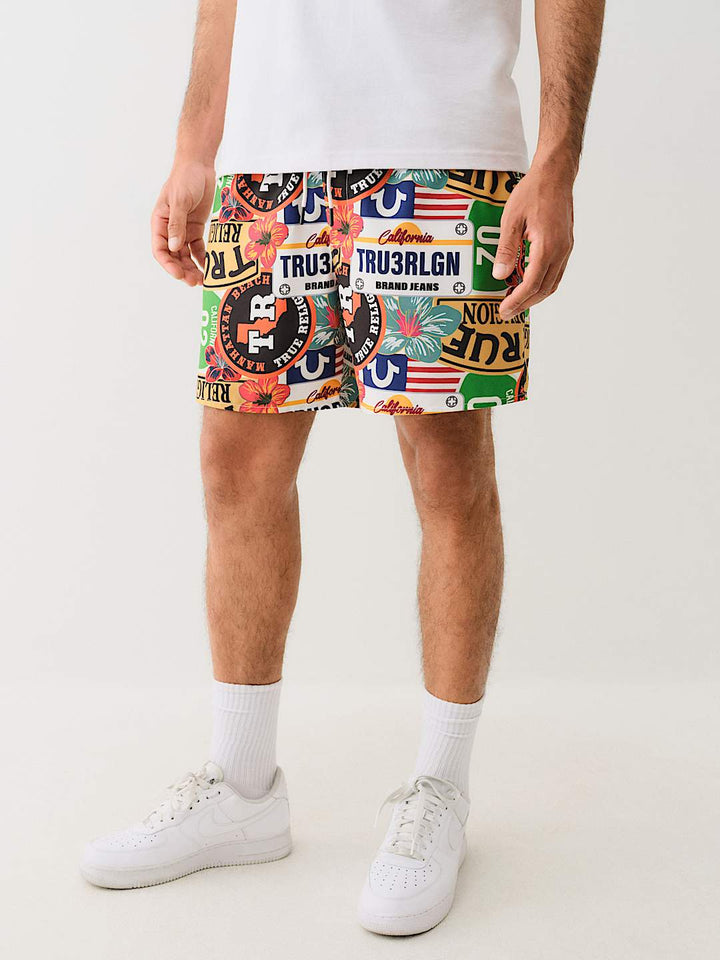 True Religion ALLOVER TROPICAL LOGO BOARD SHORT