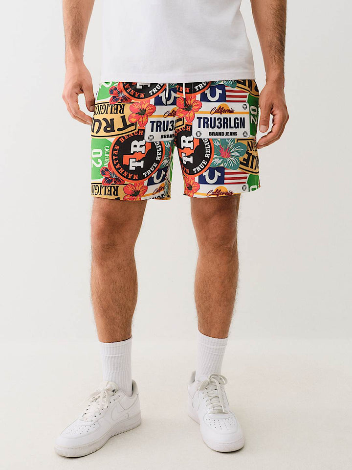 True Religion ALLOVER TROPICAL LOGO BOARD SHORT