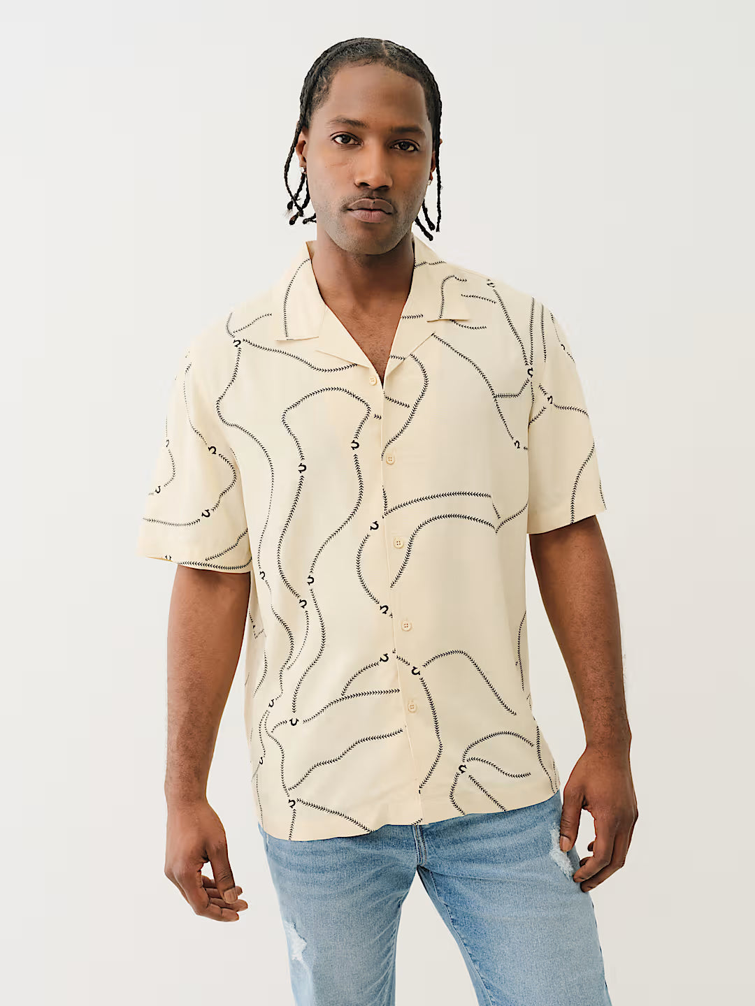 TRUE RELIGION BASEBALL STITCH CAMP COLLAR SHIRT