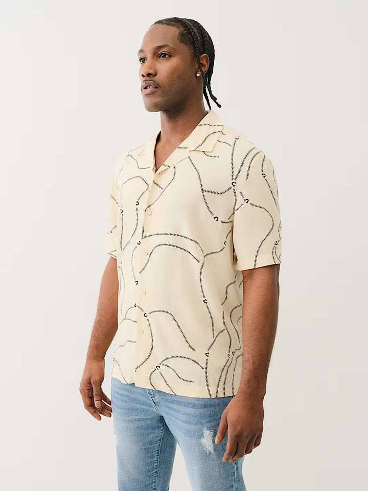 TRUE RELIGION BASEBALL STITCH CAMP COLLAR SHIRT