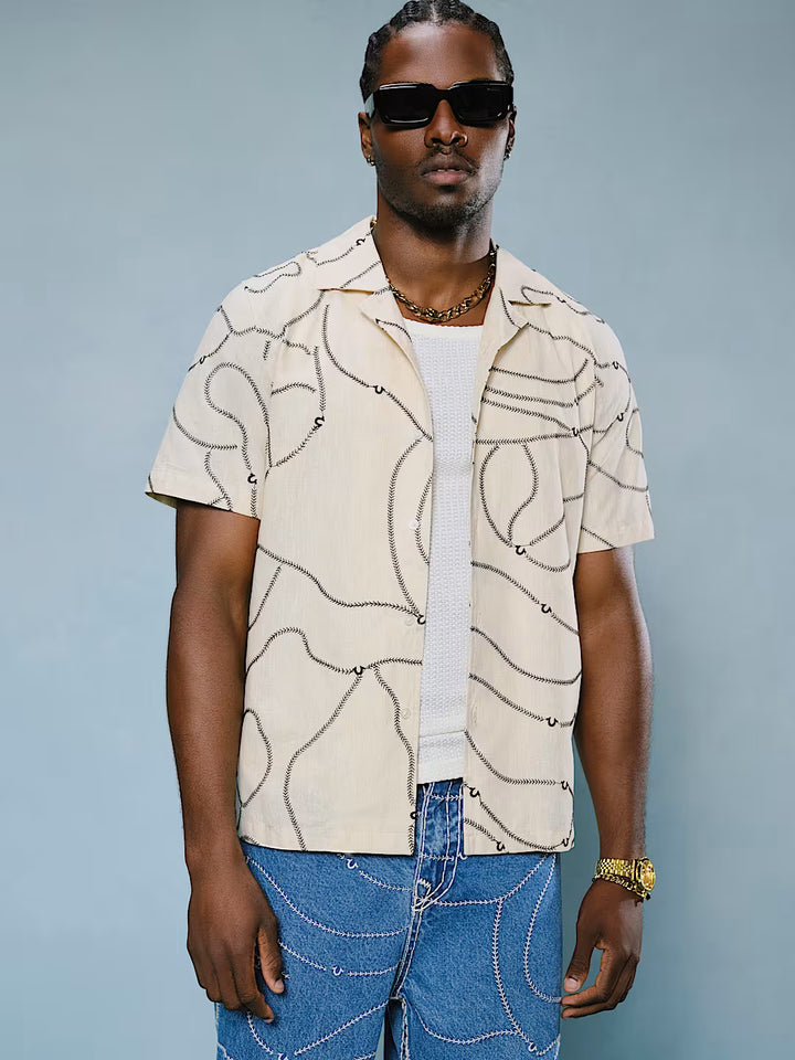 TRUE RELIGION BASEBALL STITCH CAMP COLLAR SHIRT