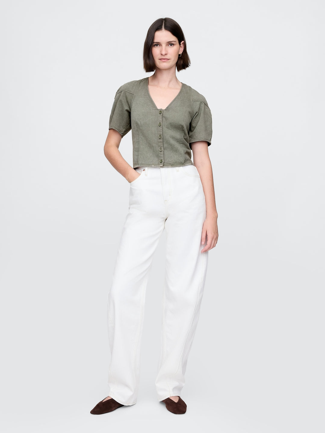 Gap Cropped Puff-Sleeve Denim Shirt