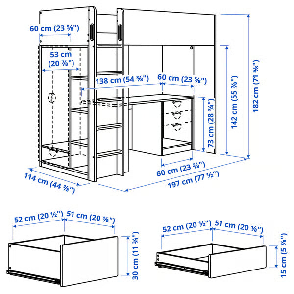IKEA SMÅSTAD Loft bed, white white/with desk with 4 drawers, Twin