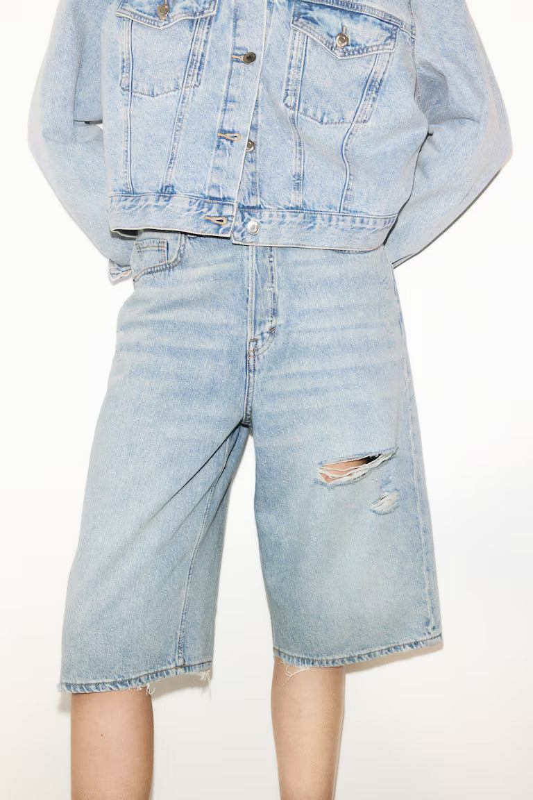 H&M HIGH-WAIST KNEE-LENGTH DENIM SHORTS