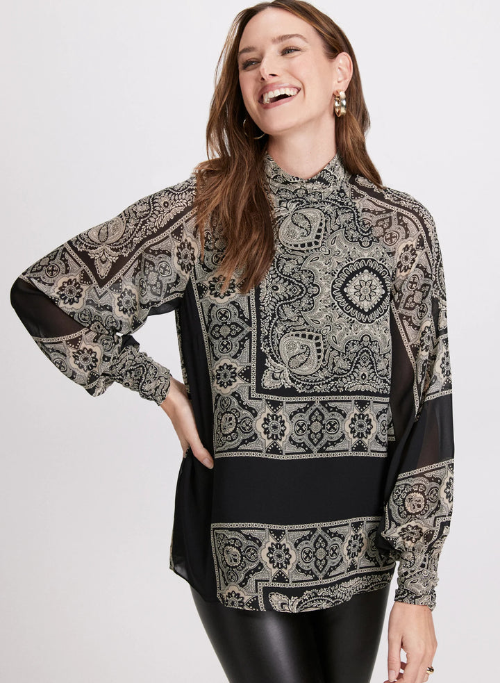 LAURA Scarf Print Mock Neck Blouse