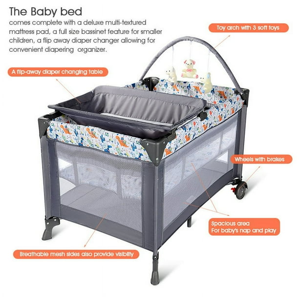 LIVINGbasics  Portable Baby Playard with Changing Table and Bassinet, Foldable Nursery Center Travel Playard Baby Playpen Crib Bed, Grey