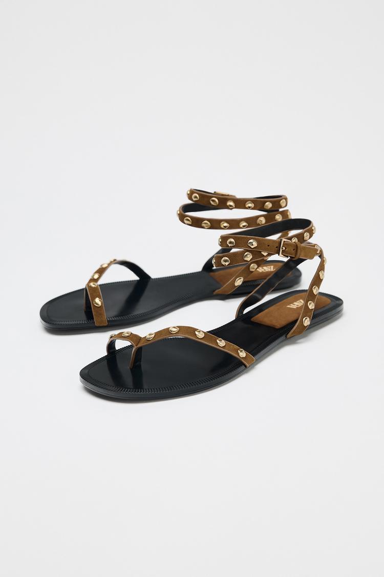 ZARA LEATHER STUDDED STRAP SANDALS