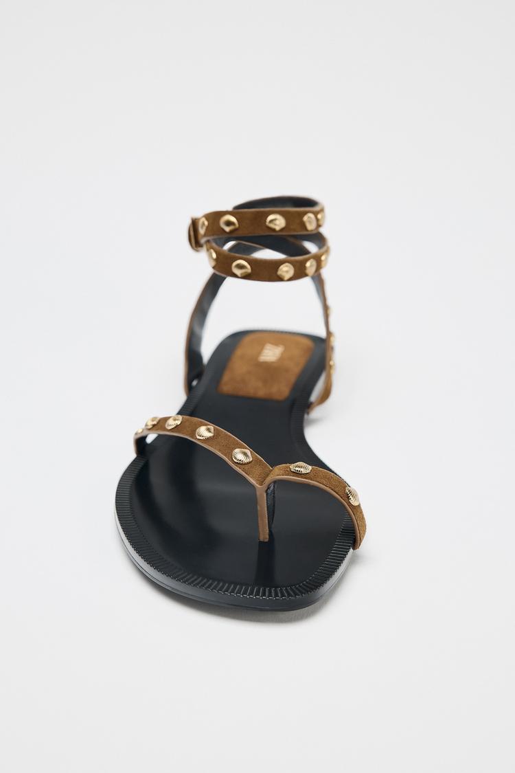 ZARA LEATHER STUDDED STRAP SANDALS