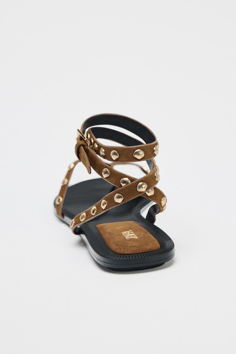 ZARA LEATHER STUDDED STRAP SANDALS