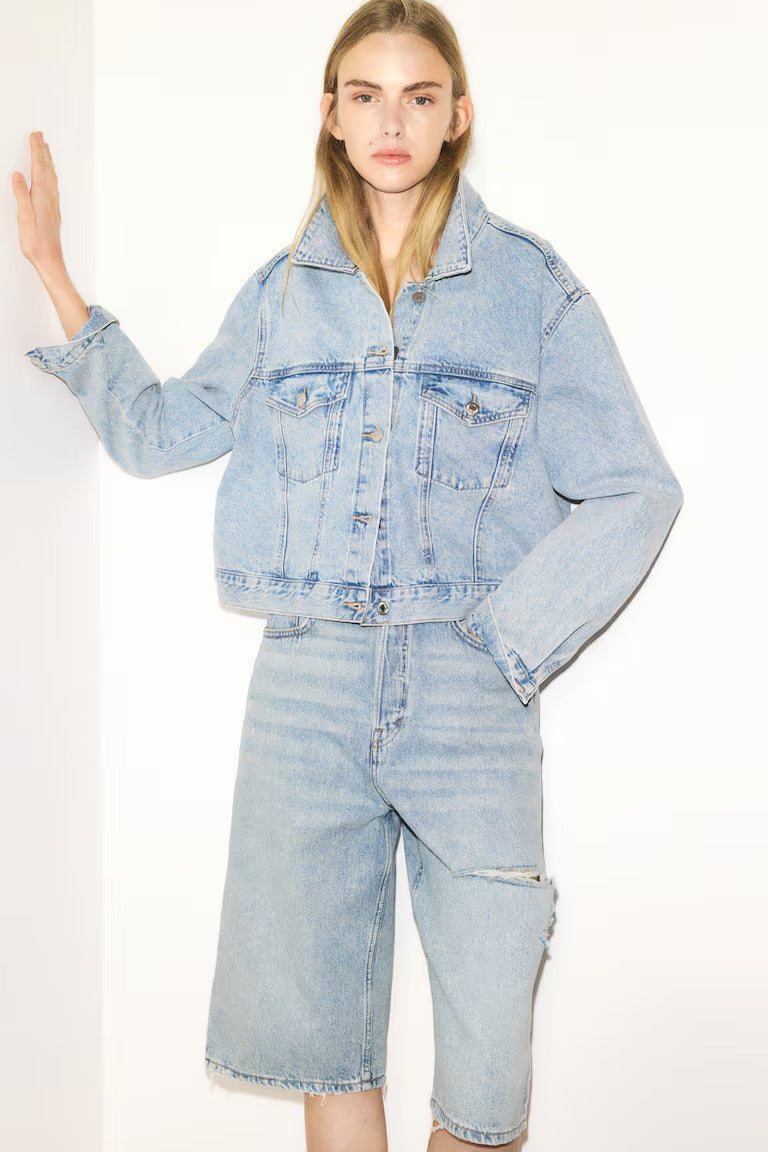 H&M HIGH-WAIST KNEE-LENGTH DENIM SHORTS