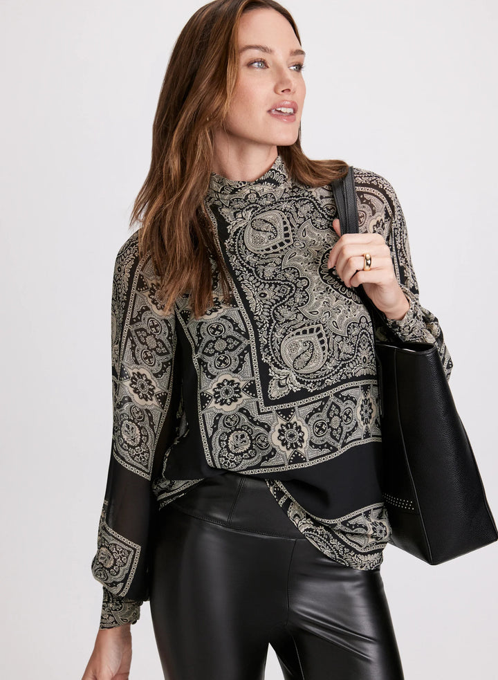 LAURA Scarf Print Mock Neck Blouse