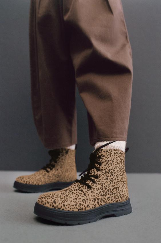 Zara ANIMAL PRINT LACE UP BOOTS