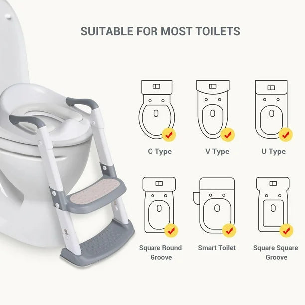 LIVINGbasics Foldable Potty Training Toilet Seat with Anti-Slip Step Stool Ladder and Soft Padded Cushion, Toddler Baby Toilet Potty Chair with 5 Adjustable Height