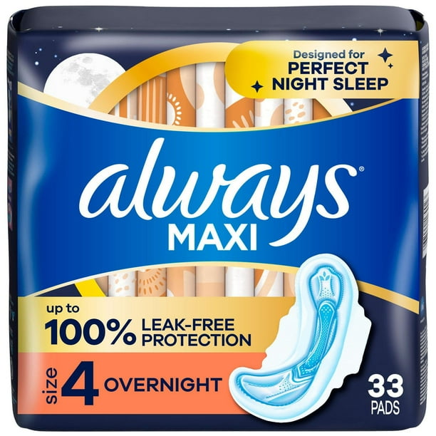 Tampax Always Maxi Overnight Pads with Wings for Women, Size 4, Overnight Absorbency, Unscented, 33CT
