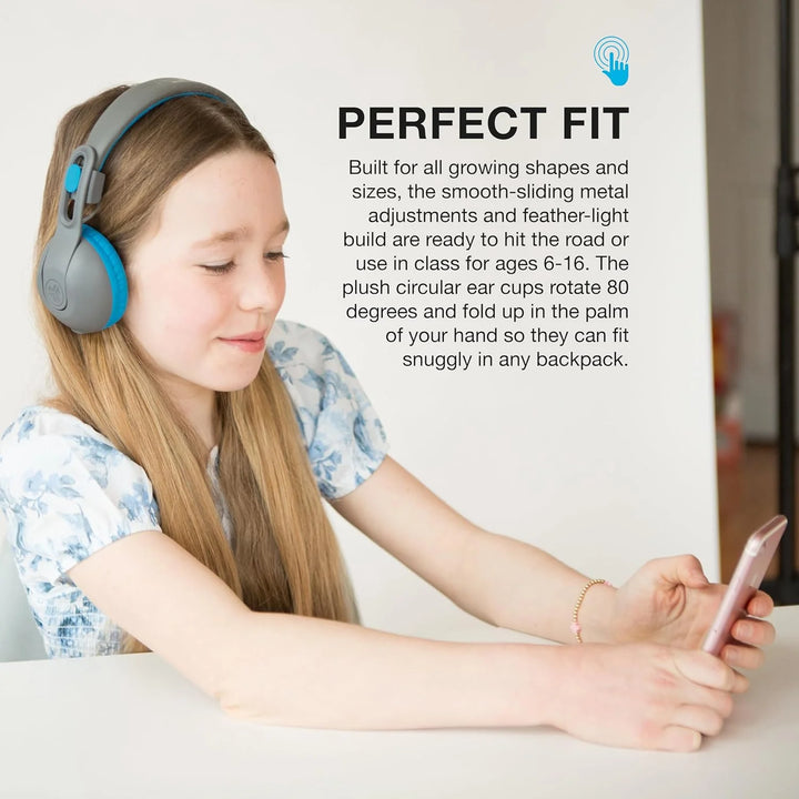 JLab JBuddies Studio 2 On-Ear Kids Wireless Headphones, Blue/Graphite, Volume Safe, Folding, Adjustable, Noise Isolation, Mic
