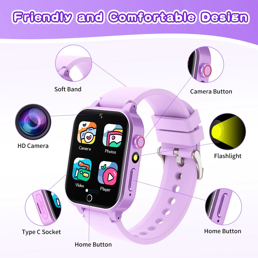 Vakzovy 1.54" Smart Watch for Girls Smart Watch for Kids with Camera Games Pedometer Video MP3 Flashlights Calculator Alarm Clock Children Touch Screen Purple