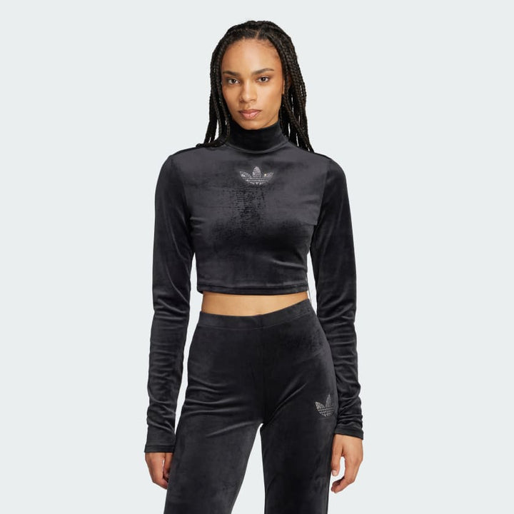 Adidas Long Sleeve Rhinestone Trefoil Velvet Crop Top