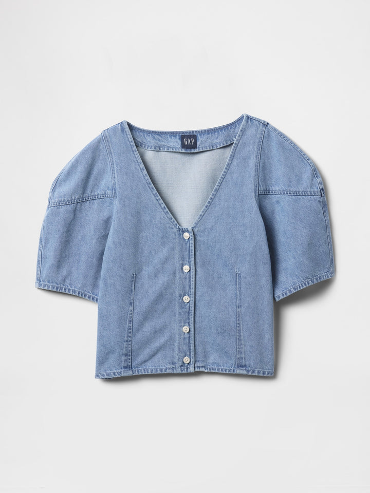 Gap Cropped Puff-Sleeve Denim Shirt