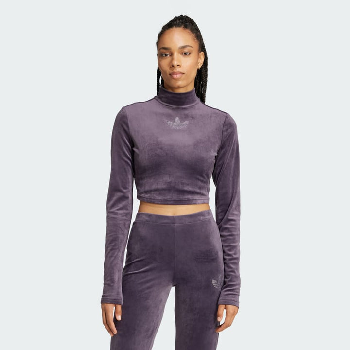 Adidas Long Sleeve Rhinestone Trefoil Velvet Crop Top