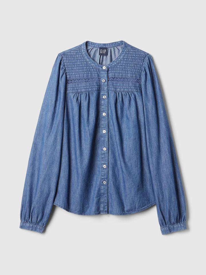Gap Puff-Sleeve Lace-Trim Denim Shirt