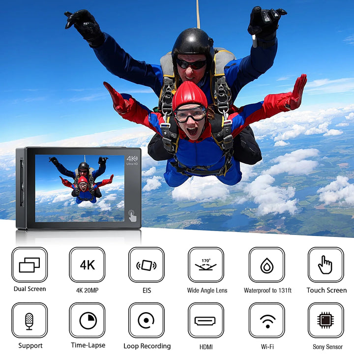 Campark X40 4K30FPS Waterproof Action Camera with External Mic, 2" Touch Screen, WiFi