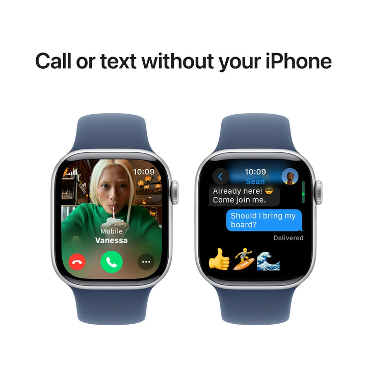 Apple Watch Series 10 GPS + Cellular 46mm Silver Aluminum Case with Denim Sport Band - S/M