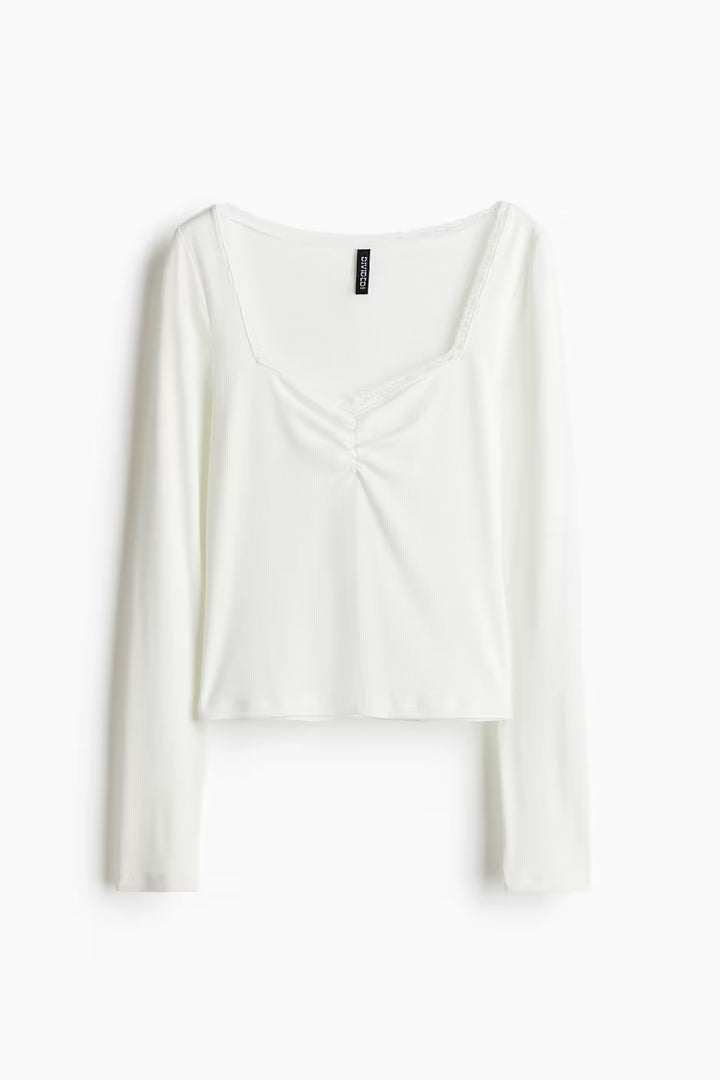 H&M LACE-TRIMMED RIBBED TOP