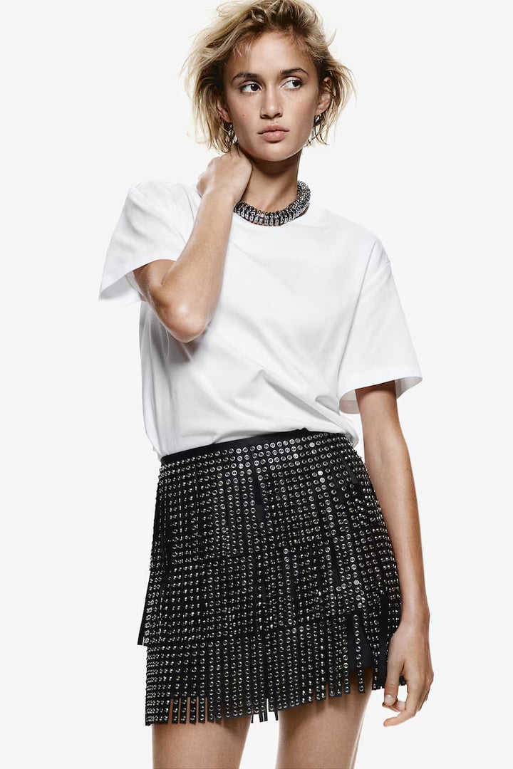 H&M RHINESTONE-DECORATED FRINGED SKIRT