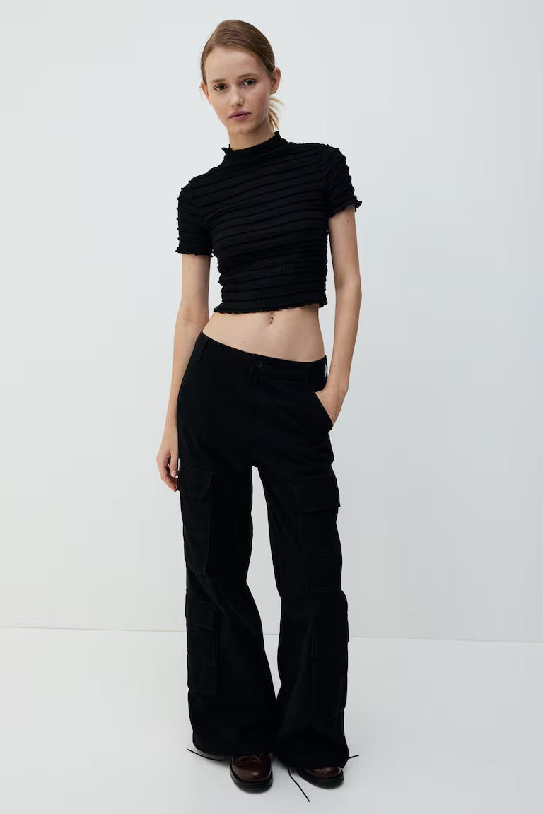 H&M SMOCKED TOP WITH OVERLOCKED TRIM